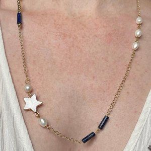 Necklace Pearl Handmade, Blue Lapis, Pearls, 18KT Gold, Mother of pearl